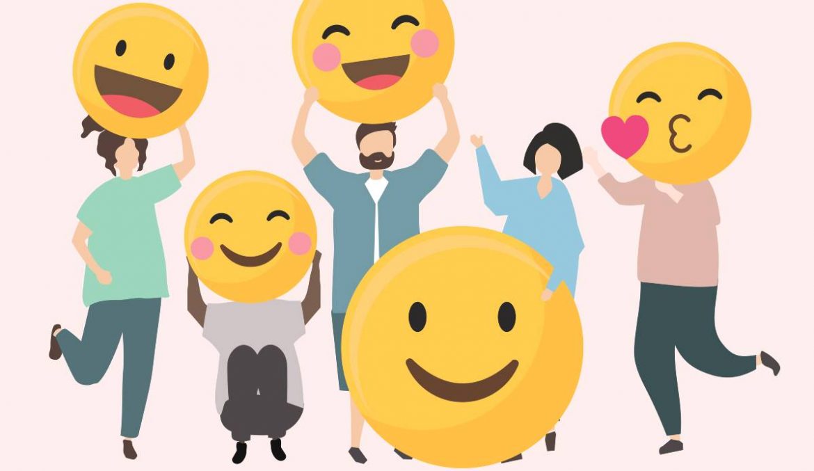 Ilustración de gente con emojis sonriendo